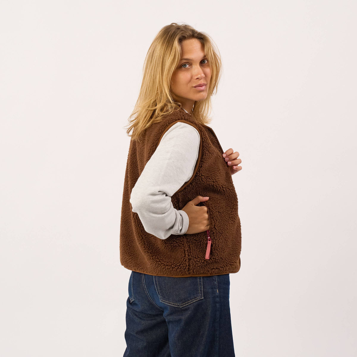 BILLYBELT Damenweste aus Sherpa mit Reissverschluss "braun"