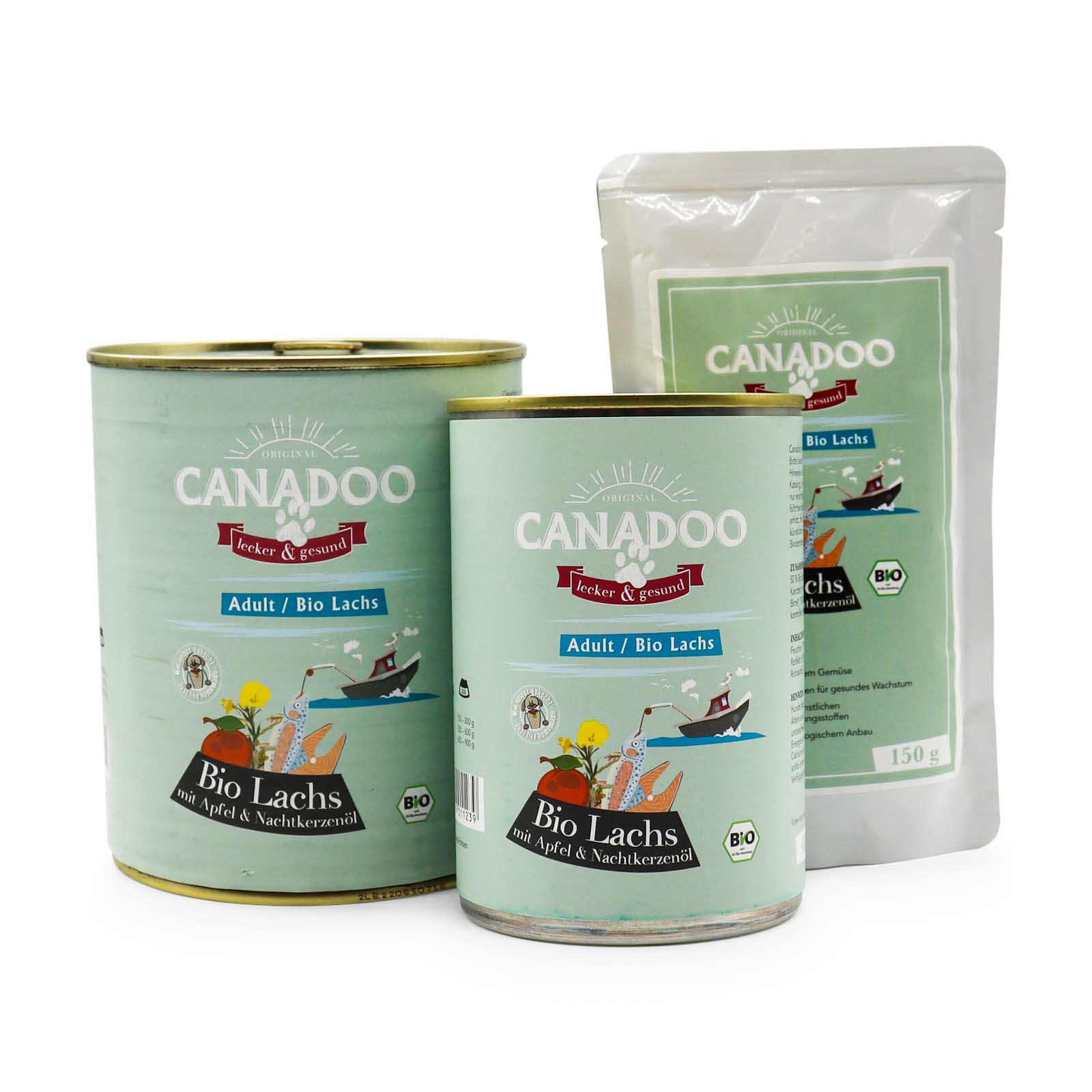 healthydog_produkte_canadoo_nassfutter_adult_bio_lachs_gruppenfoto HealthyDog Canadoo Adult Nassfutter Bio Lachs mit Apfel & Nachtkerzenöl